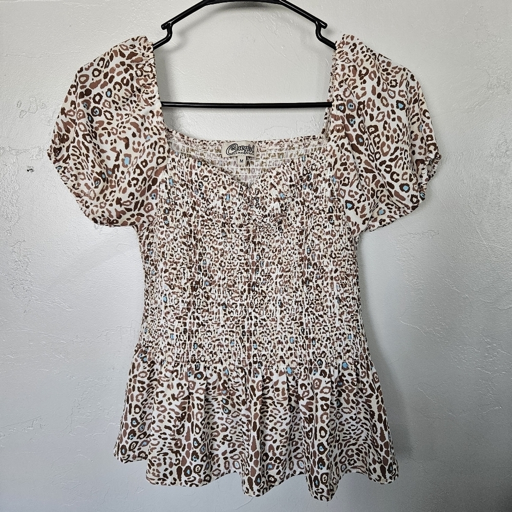 Cowgirl Hardware Women's Medium Brown White Leopard Print Ruffled Peplum Blouse